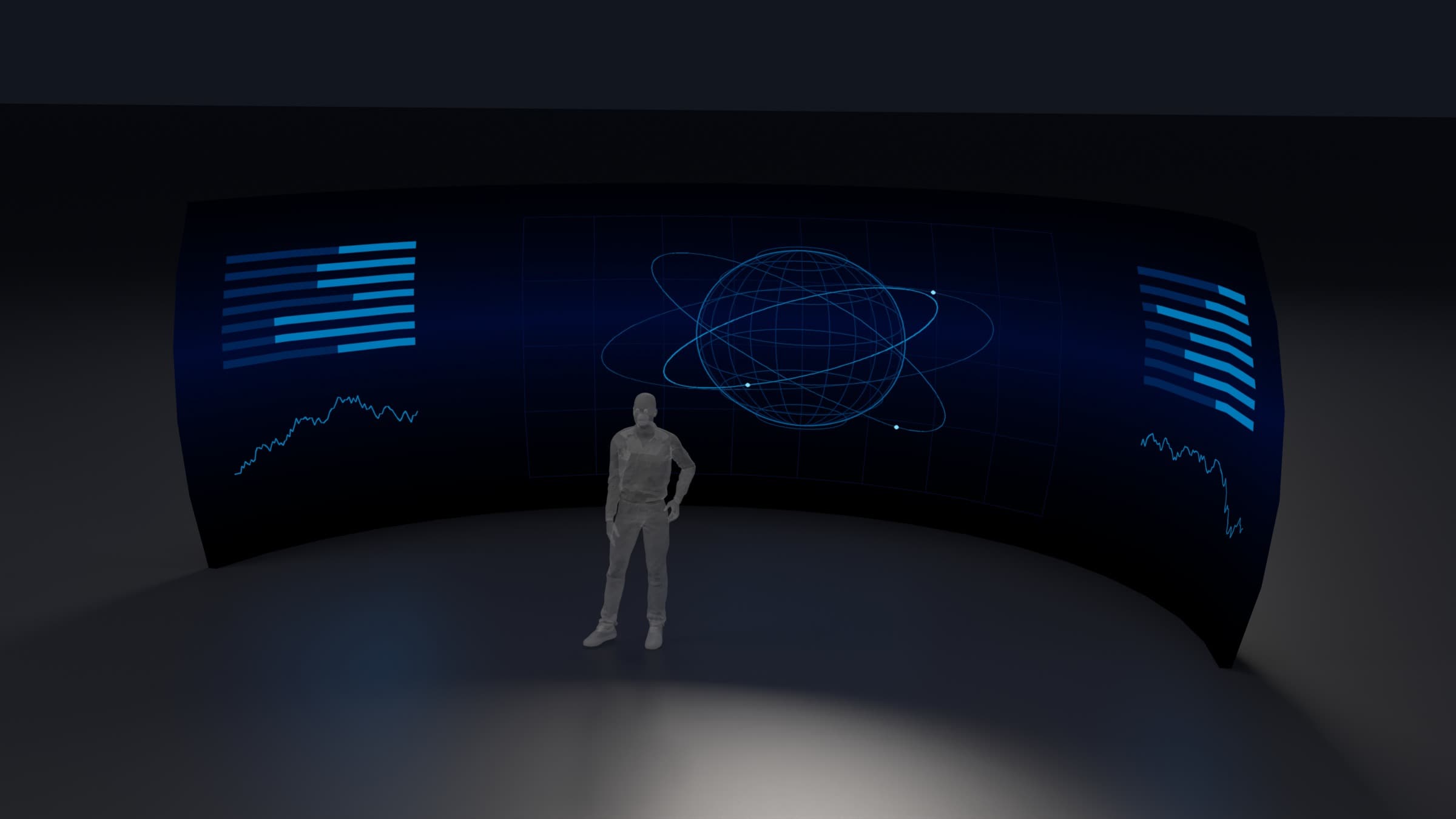 Studio render of the R14: a wide curved LED surface seen from inside the curve, lit with abstract orbital graphics, a standing human figure at its centre for scale. The display plane is 28 ft across.
