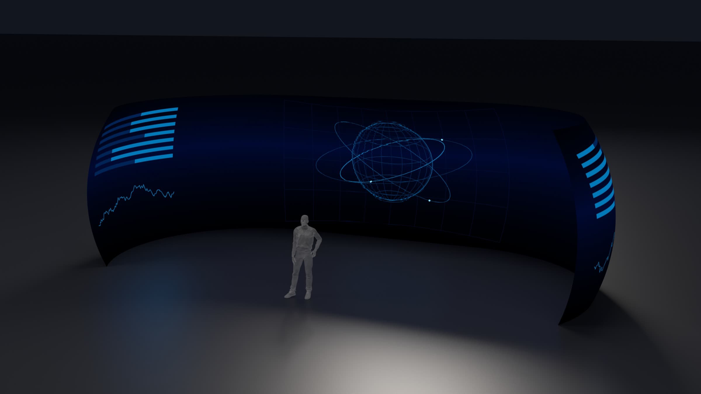 Studio render of the R20: a curved LED surface at facility scale, lit with abstract orbital graphics, a standing human figure at its centre for scale. The display plane is 40 ft across.