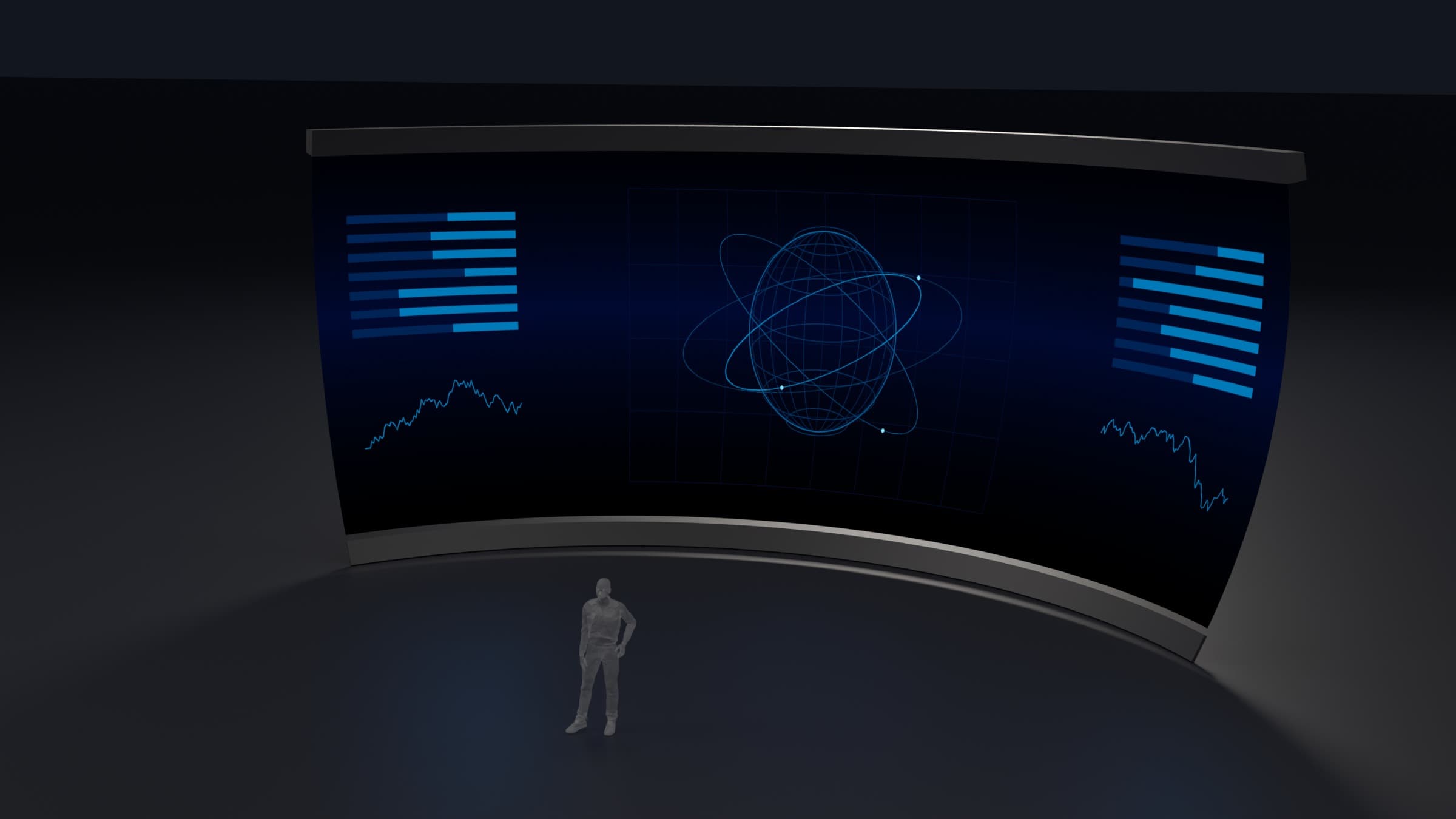Studio render of the R28: the largest curved LED surface in the line, lit with abstract orbital graphics, a standing human figure at its centre for scale. The display plane is 56 ft across.