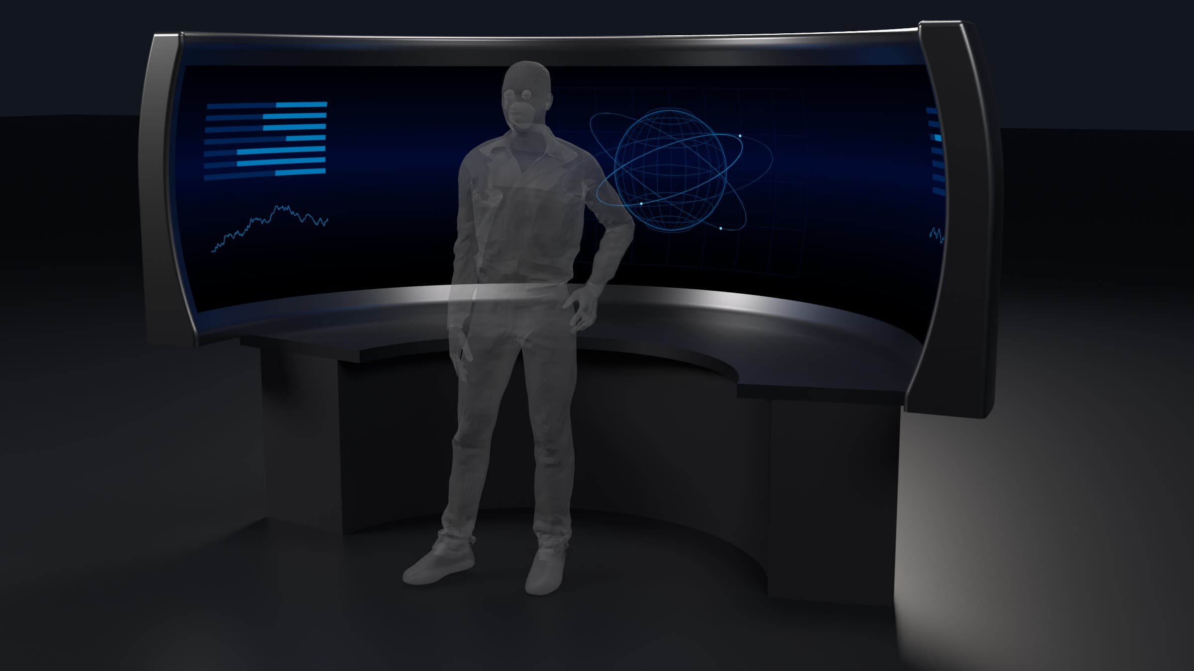 Studio render of the R5: a curved LED surface on its single-operator desk console, lit with abstract orbital graphics, a standing human figure at its centre for scale. The display plane is 9.84 ft across.