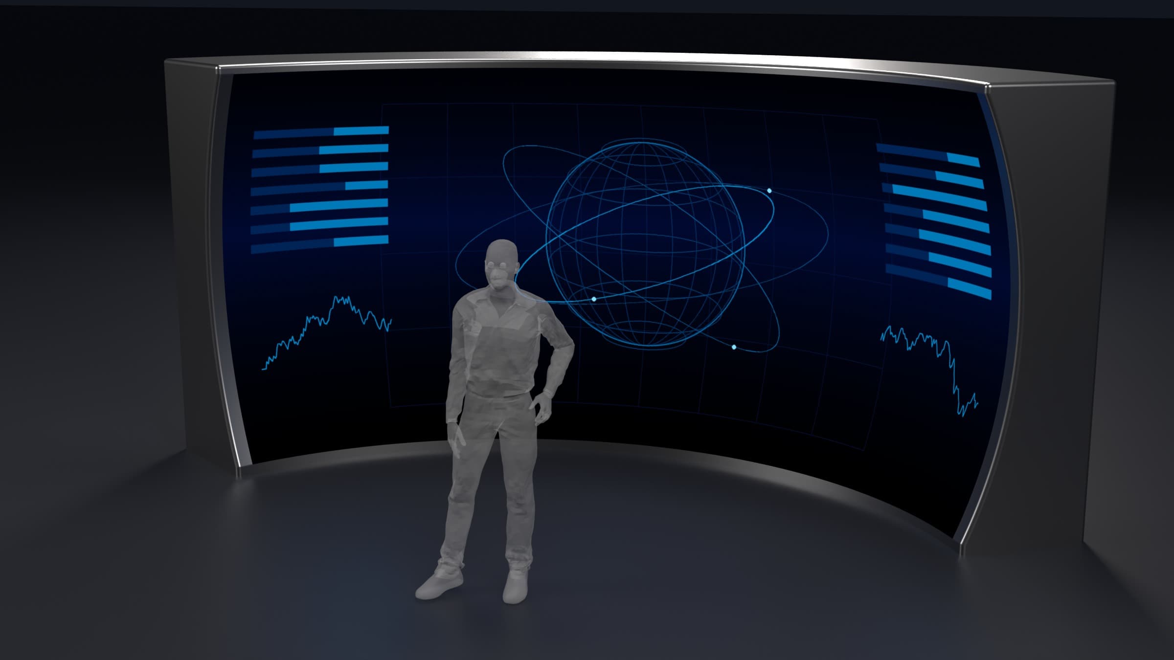 Studio render of the R9: a curved LED surface in its titanium housing and end caps, lit with abstract orbital graphics, a standing human figure at its centre for scale. The display plane is 18 ft across.