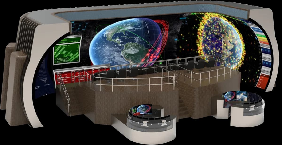 Concept render of a transitional fixture on an operations floor: a long curved LED run with a curved section returning at either end, carrying around a railed, tiered deck seating roughly a dozen people, all of them inside the same surface, with two consoles on the floor below.