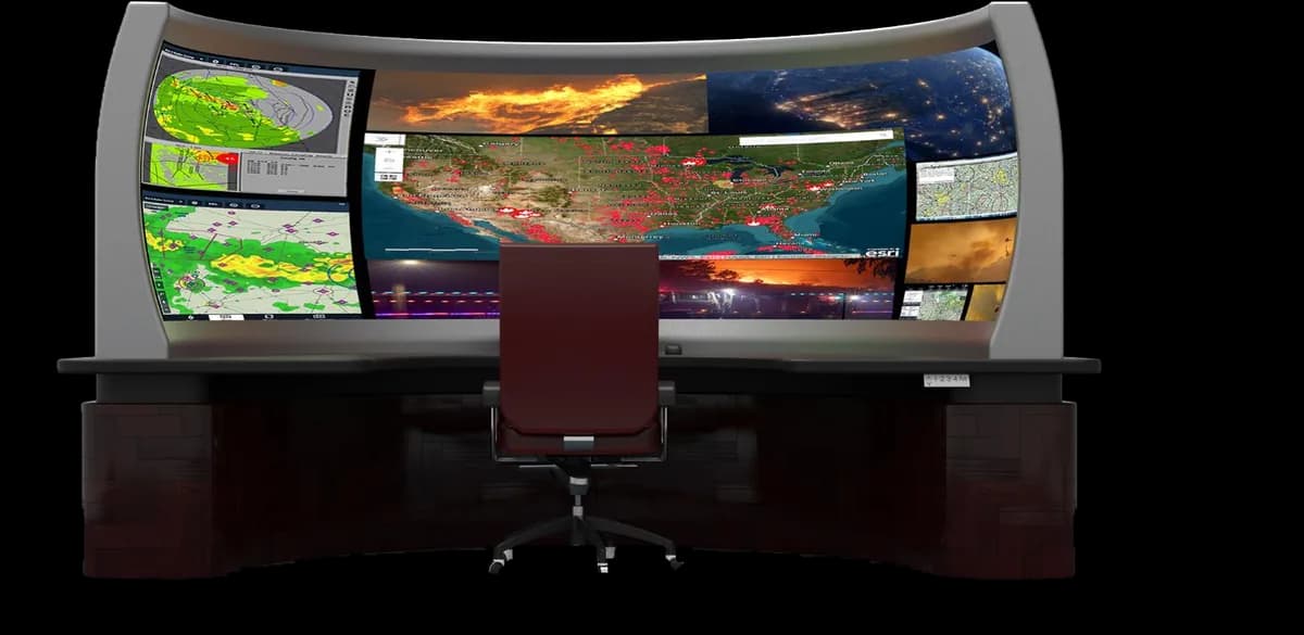 Concept render of an R5 at a single-operator desk: a curved LED surface spanning the width of the console and wrapping toward the viewer at both ends, carrying mapping, weather and live-feed panels, with one chair at the design eyepoint.