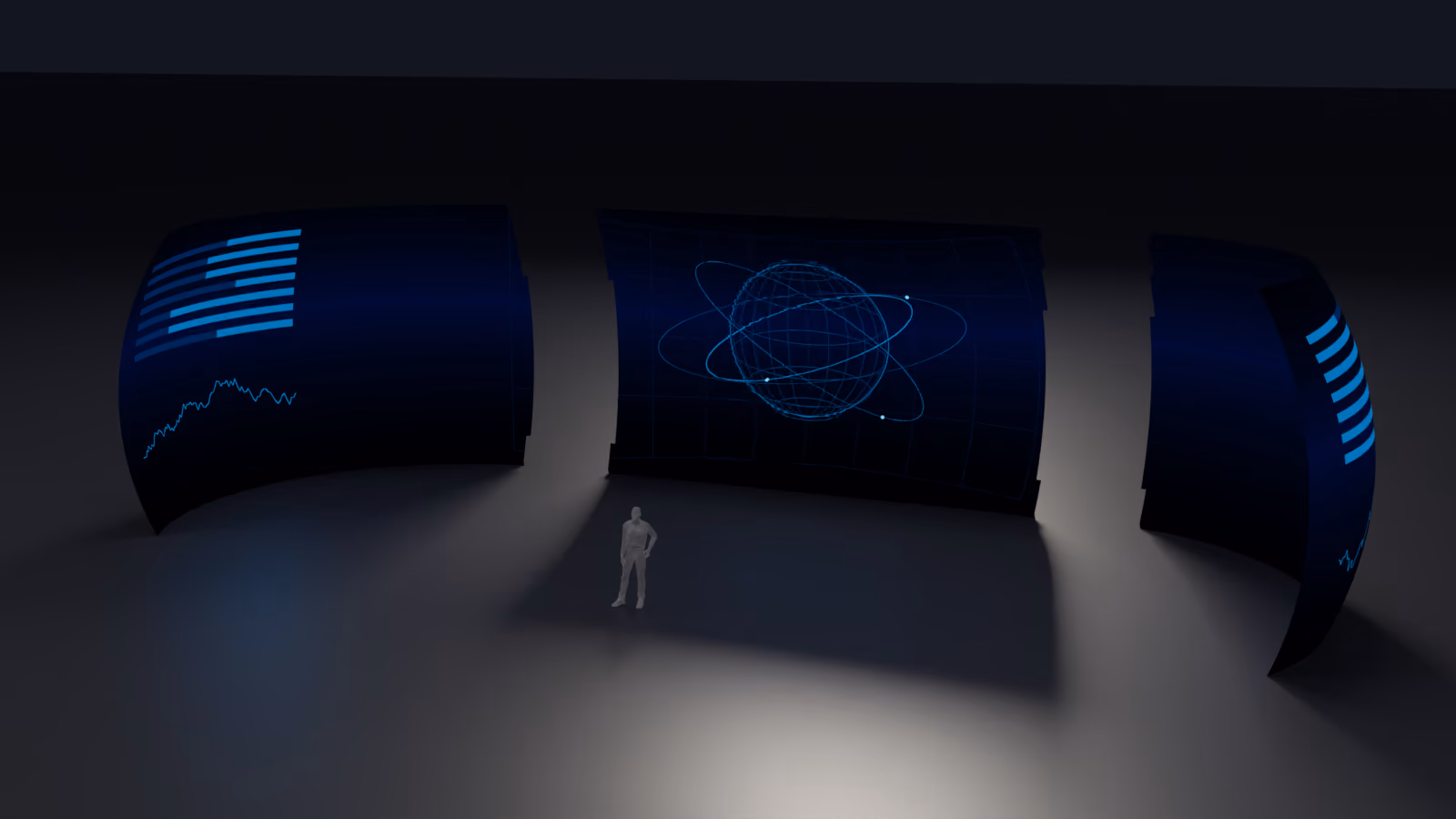 A transitional fixture in a dark studio, separated into the three sections it is built from: a compound-curved return at the left, a flat or cylindrical run across the middle, and a second compound-curved return at the right, with a standing figure at the centre for scale.